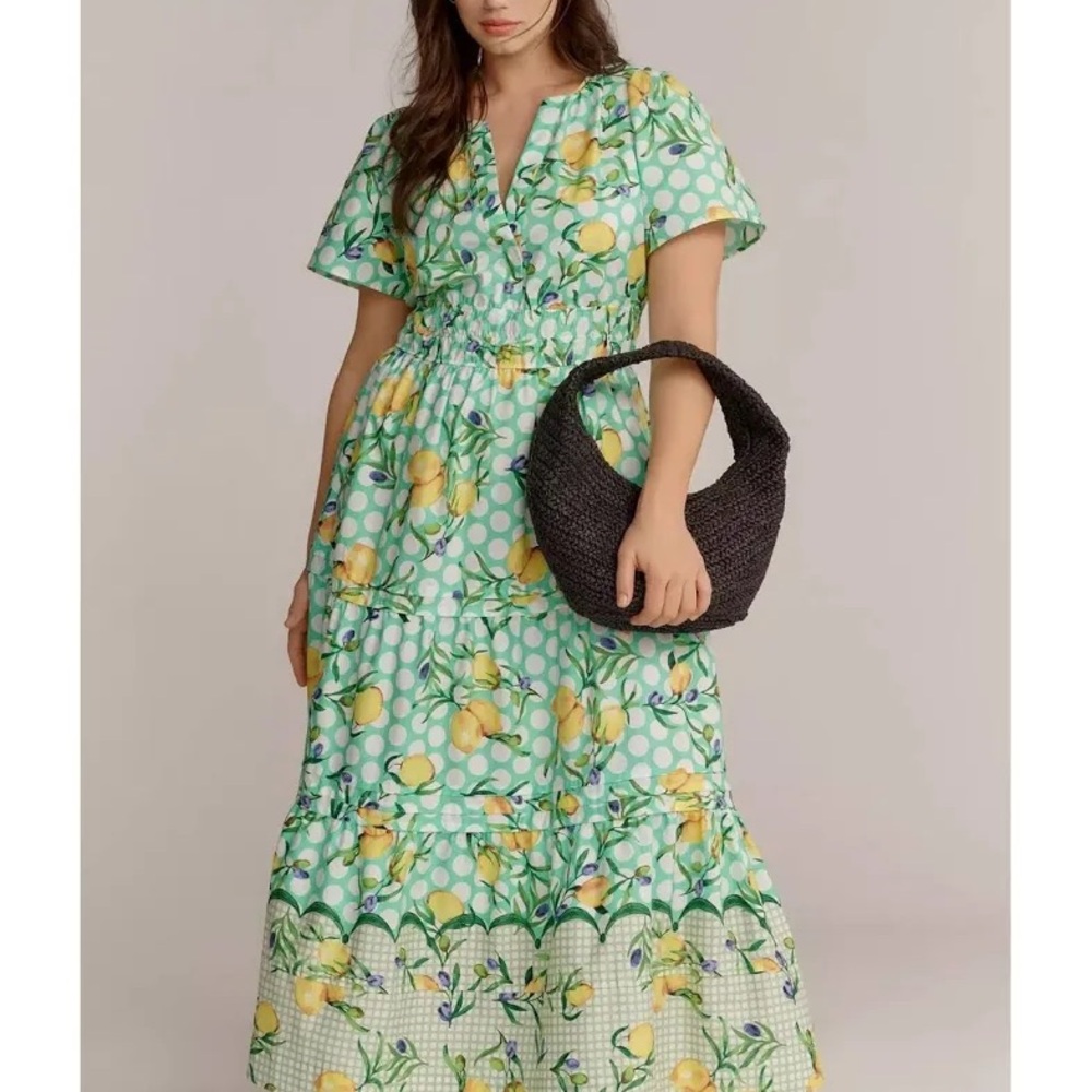 Anthropologie Mint Green Polka Dot Maxi Dress with Yellow Lemon Print